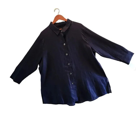 New $315 Caroline Rose Gabardine Shirt Size 2x Blue 100% Linen Button Down - Picture 9 of 11